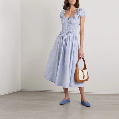 Women's Square Collar Cotton Holiday Waist Mid-length Dress Dresses