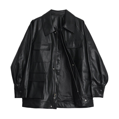 Women's Leather Spring Motorcycle Mid-length Retro Large Jackets