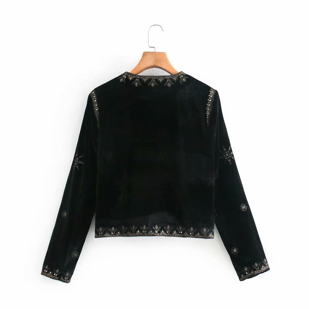 Women's Autumn Printed Black Round Neck Retro Coats