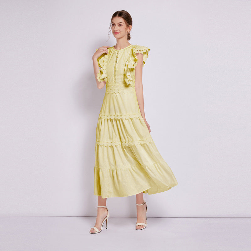 Women's Embroidered Round Neck Flying Sleeves Waist Design Solid Dresses