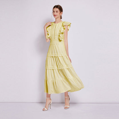 Women's Embroidered Round Neck Flying Sleeves Waist Design Solid Dresses
