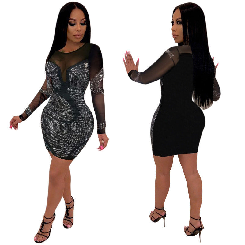 Sexy Rhinestone Long Sleeve Slim Dress Dresses