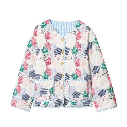Women's Collar Printed Quilted Loose Casual Patchwork Coats
