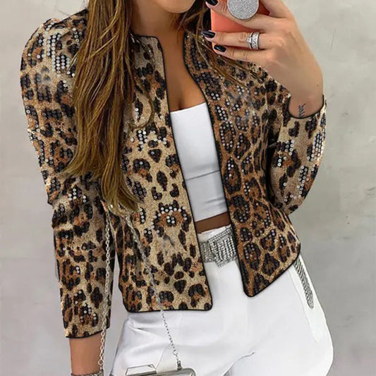 Women's Leopard Print Sequin Personality Outdoor Long Coats