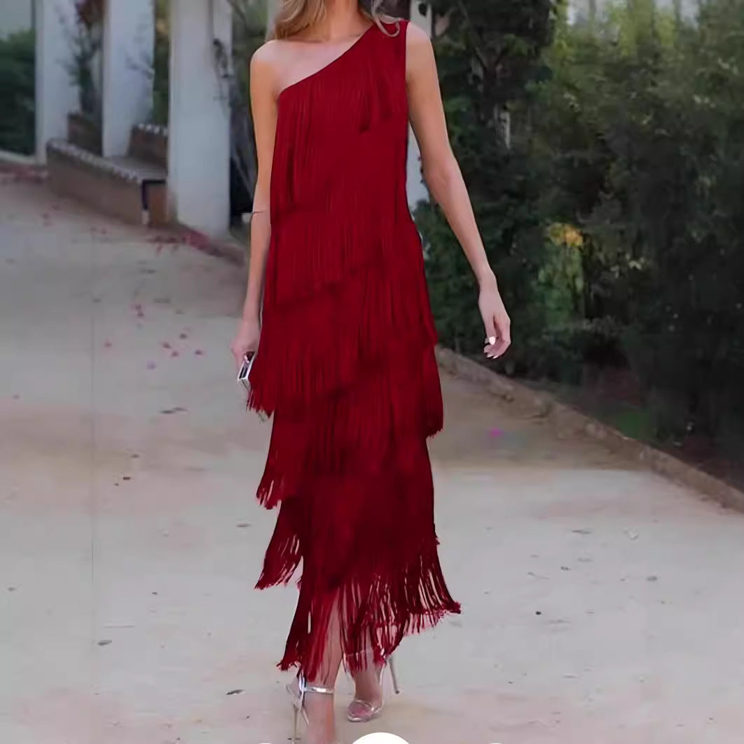 New Fashion Tassel Shoulder Asymmetric Dress Dresses