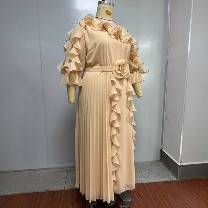 Women's Large Elegant Champagne Chiffon Dress Ruffle Dresses