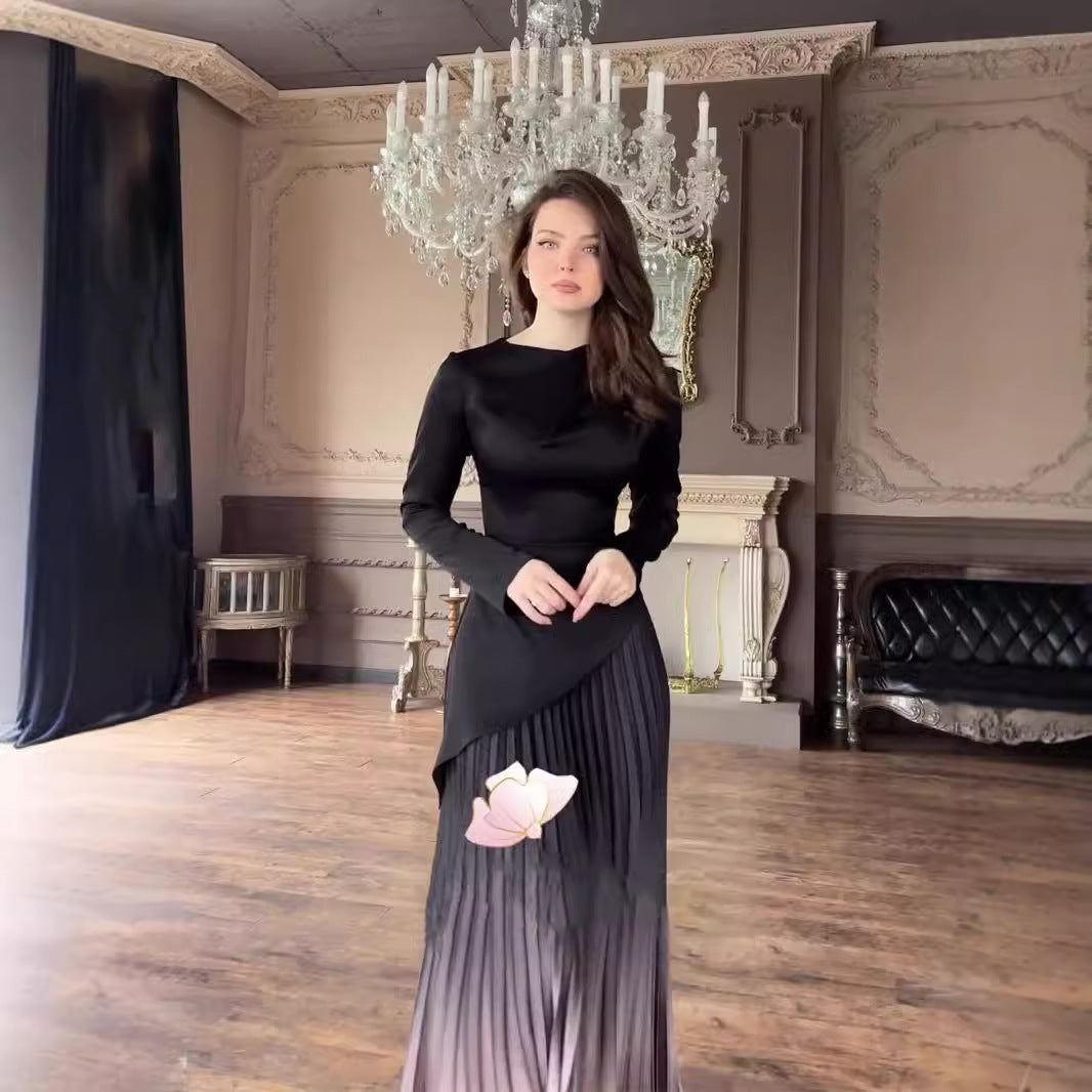 Women's Autumn Style Gradient Pleated Long Dress Dresses