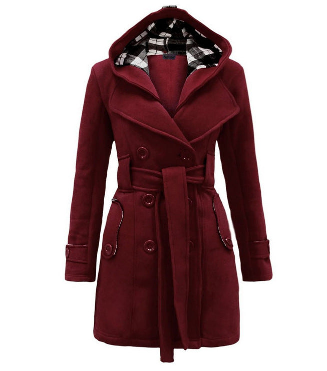 Women's Plaid Hooded Woolen Belt Double-breasted Long Coats