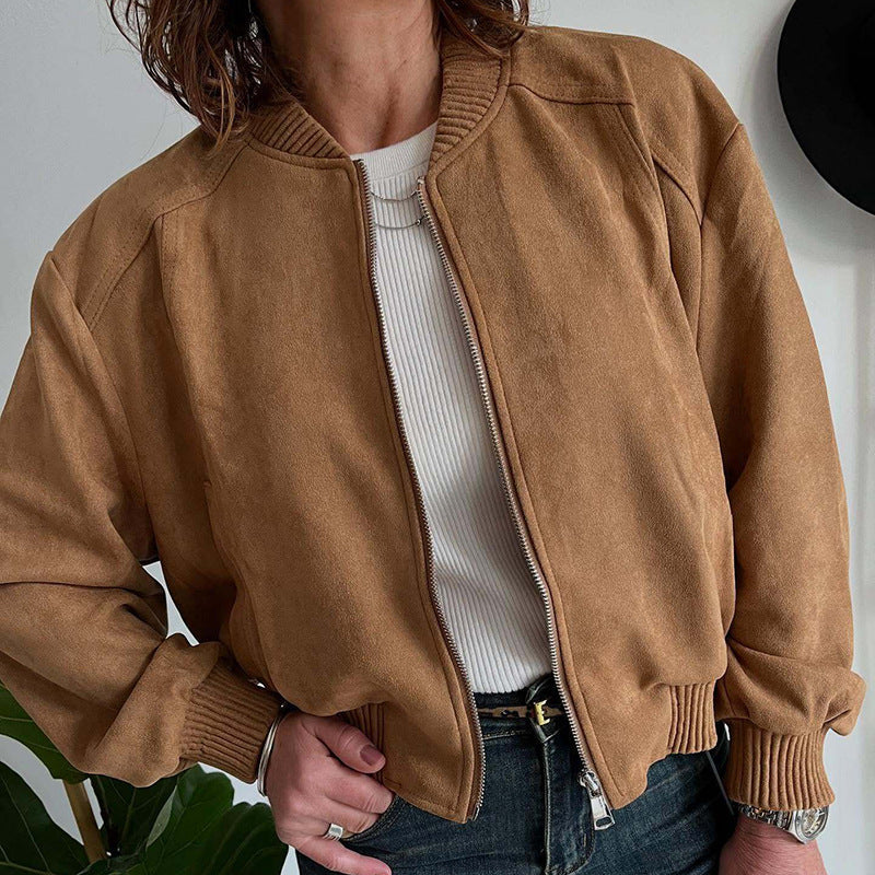 Women's Fashionable Suede Solid Color Zipper Commuter Jackets