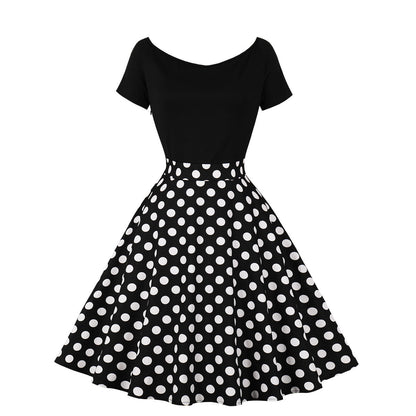 Sleeve Stitching Contrast Color Retro Polka Dresses