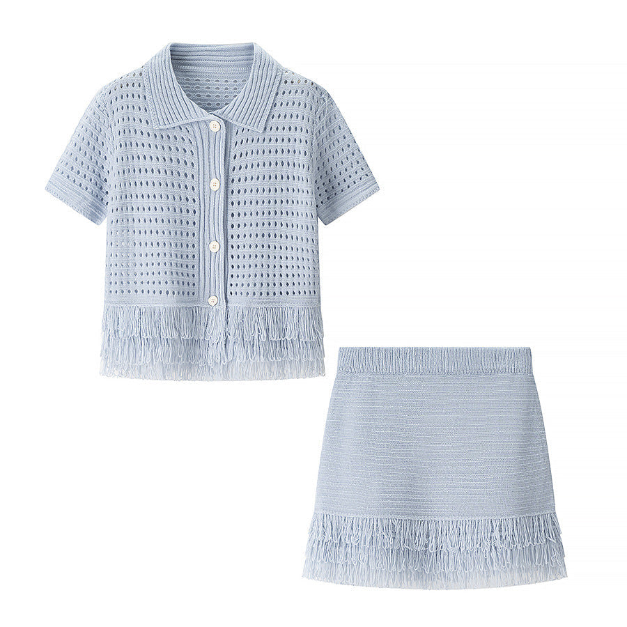 Women's Tassel Short-sleeved Knitted High Waist Mini Suits