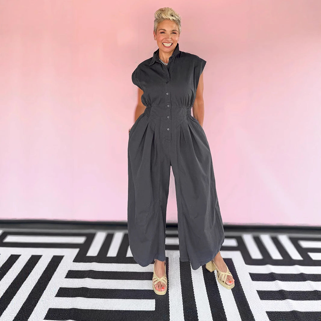 Lapel Sleeveless Button Tight Waist Overalls Suits