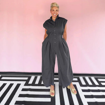 Lapel Sleeveless Button Tight Waist Overalls Suits
