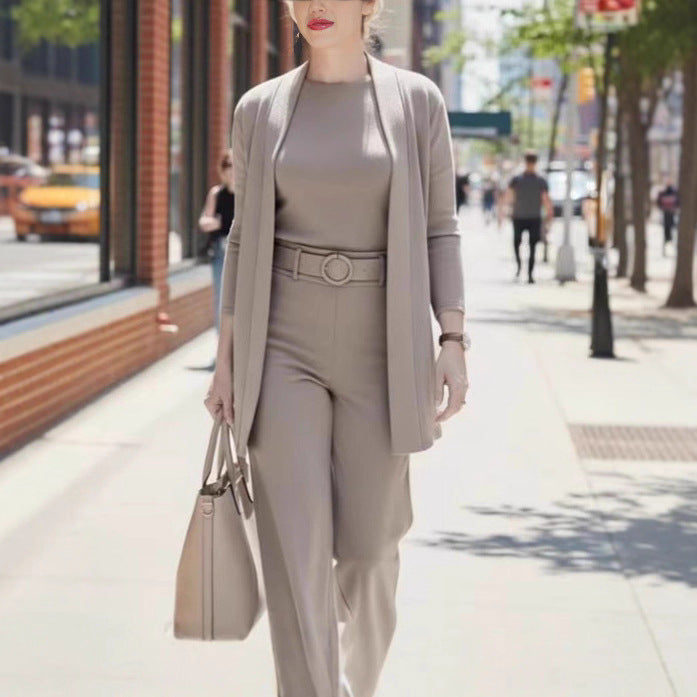 Women's Color Round Neck Long Sleeve Belt Suits