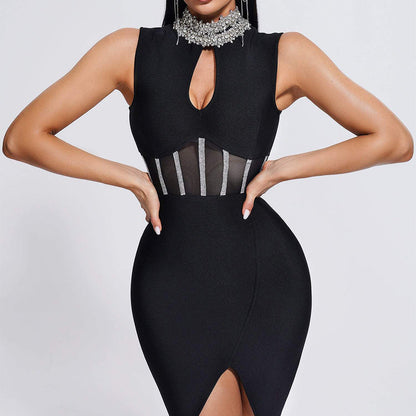 Women's Turtleneck Rhinestone Sexy Cutout Mesh Front Slit Bandage Dresses