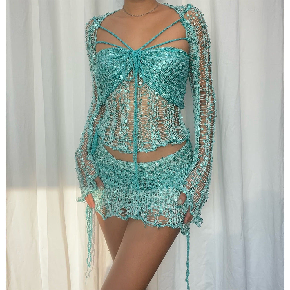 Women's Glamorous Creative Sequin Knitted Three-piece Suits