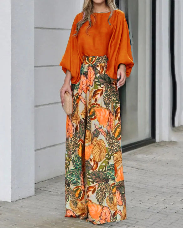 Women's Lantern Sleeve Loose Printed Wide Leg Two-piece Pants