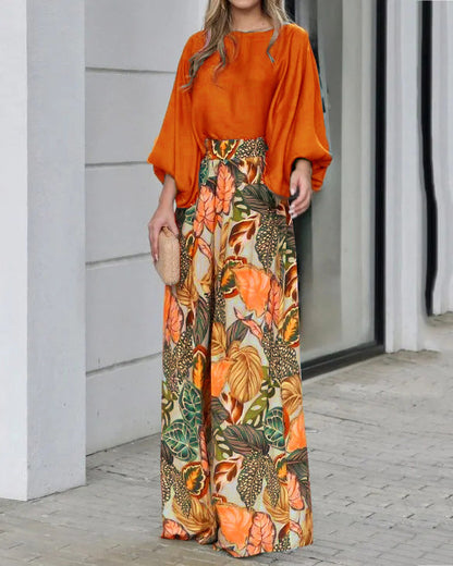 Women's Lantern Sleeve Loose Printed Wide Leg Two-piece Pants