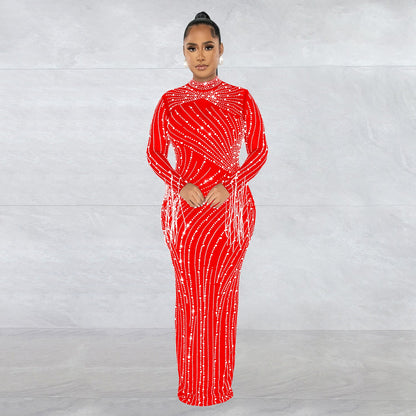 Women's Hot Drilling Long Sleeve Dress Lining Dresses