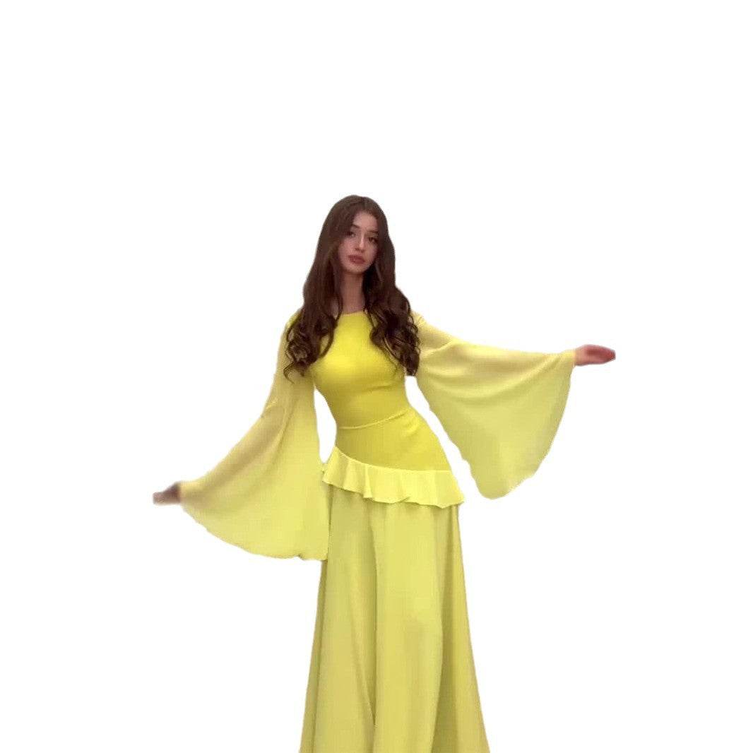 Elegant Flare Sleeve Long Ruffled Design Dresses