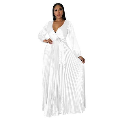 Women's Autumn Lantern Sleeve Pleated Dress Long Dresses