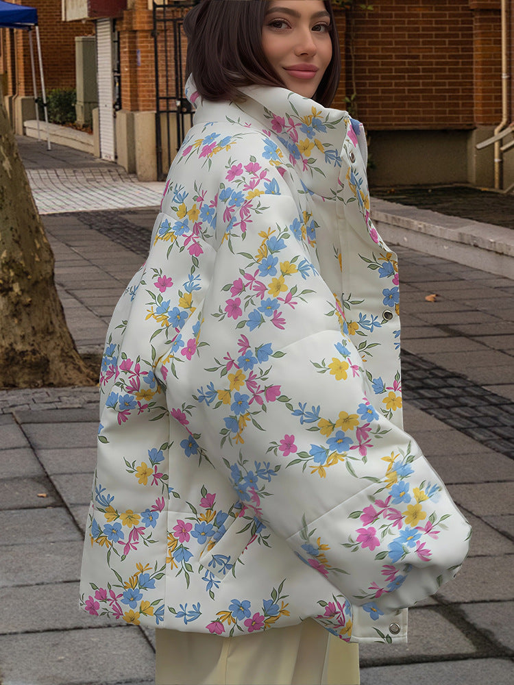 Women's Stand Collar Zipper Warm Printing Coats