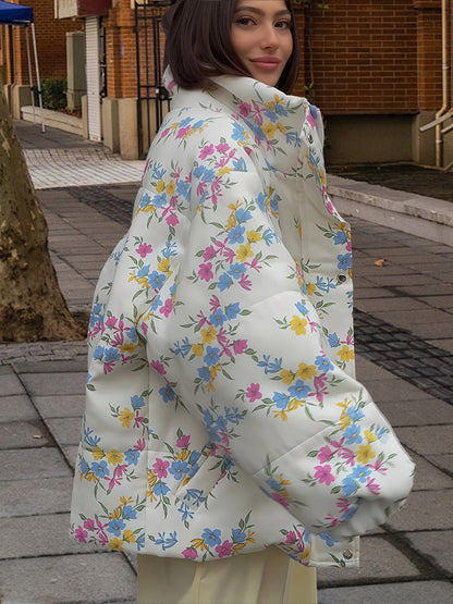 Women's Stand Collar Zipper Warm Printing Coats