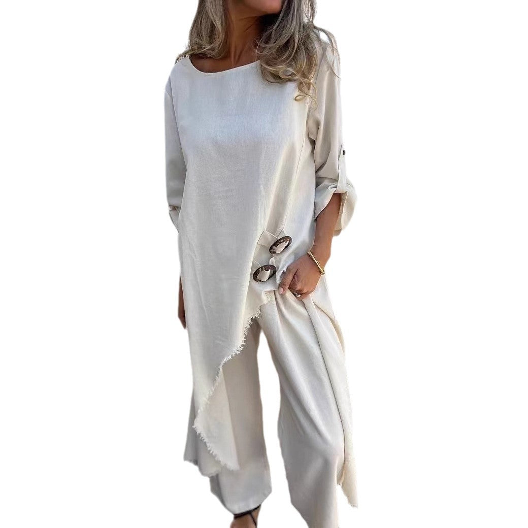 Women's Metal Buckle Loose Irregular Robe Suits
