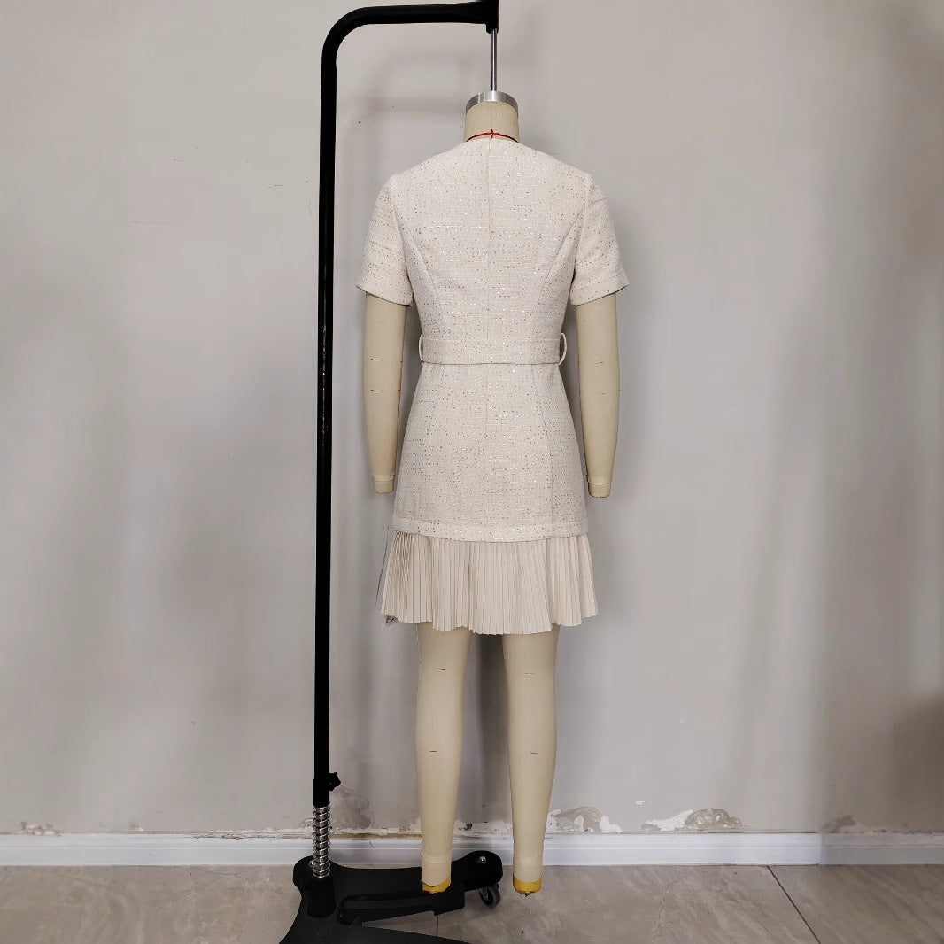 Retro Crew Neck Tweed Breasted Waist Dresses