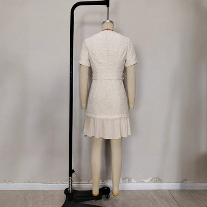 Retro Crew Neck Tweed Breasted Waist Dresses