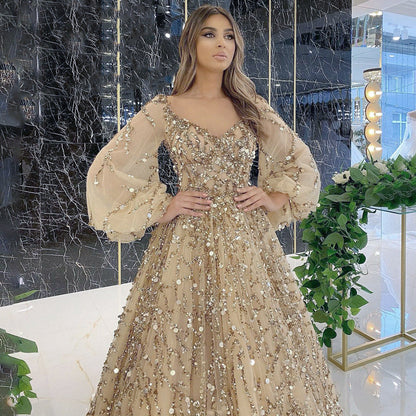 Gold Beaded Luxury Dress Sexy Aura Evening Dresses