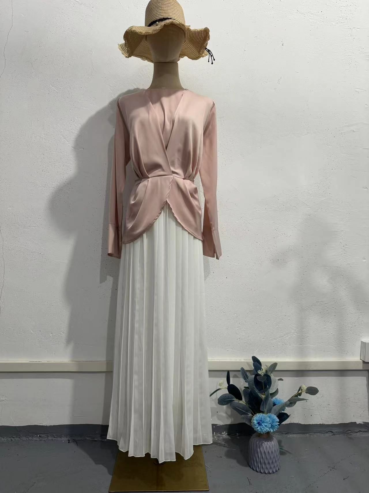 Women's Autumn Fashion Color Contrast Pleated Maxi Dresses