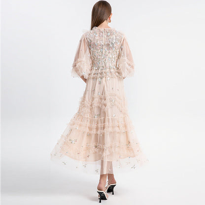 Women's Elegant Dress For French Embroidery Flower Mesh Dresses