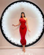Red Oblique Shoulder High Waist Knit Suits