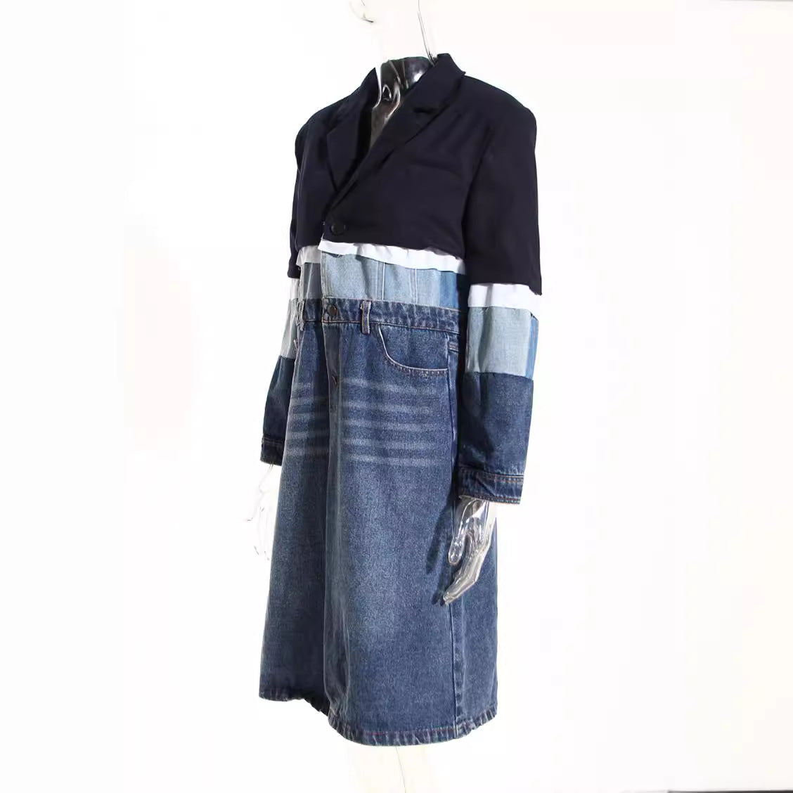 Women's Design Denim Windbreaker Color Contrast Patchwork Coats
