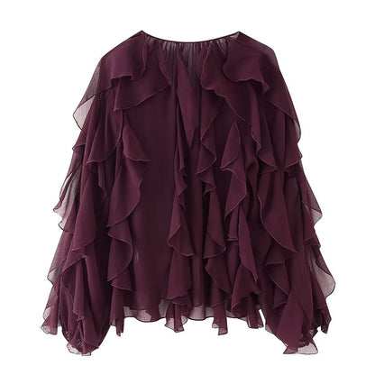 Women's Graceful Fashionable Laminated Decoration Long Sleeve Blouses