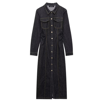 Women's Simple Denim Long Sleeve Midi Dress Dresses