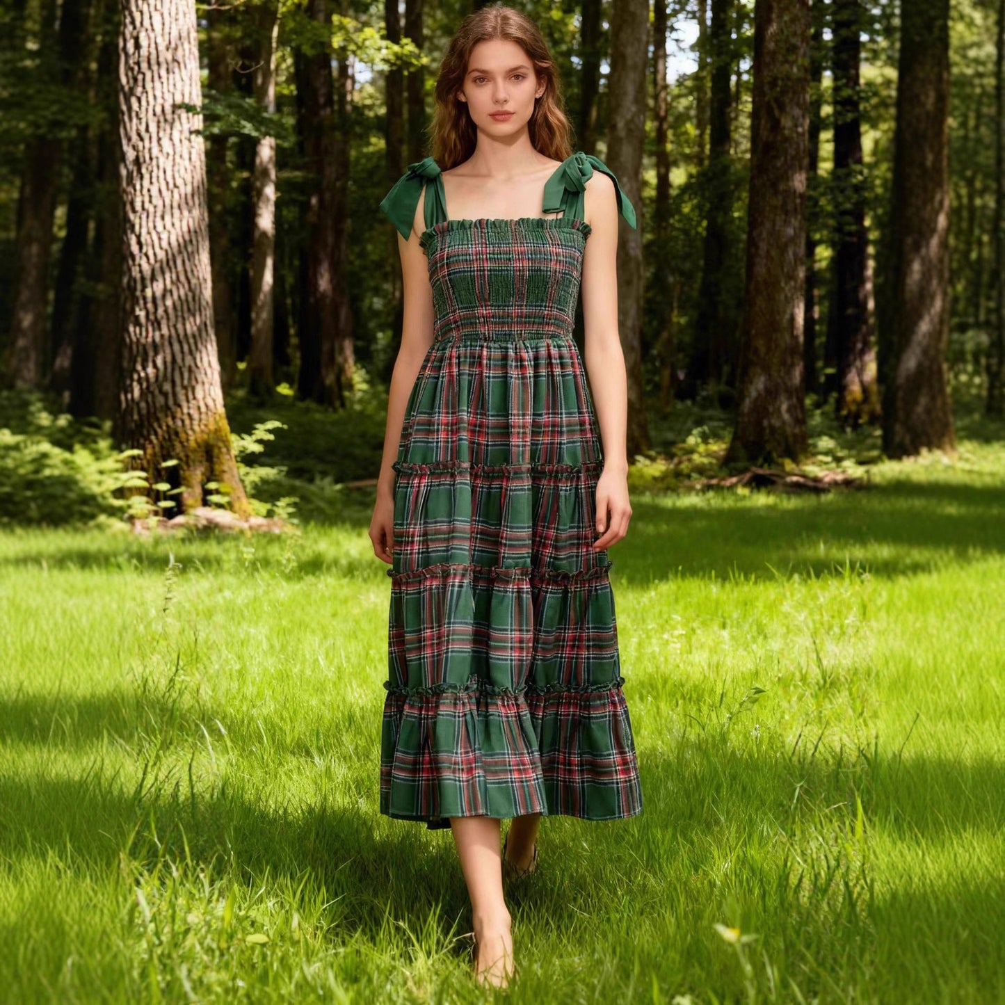 Women's Christmas Color Plaid Printed Tied Dress Dresses