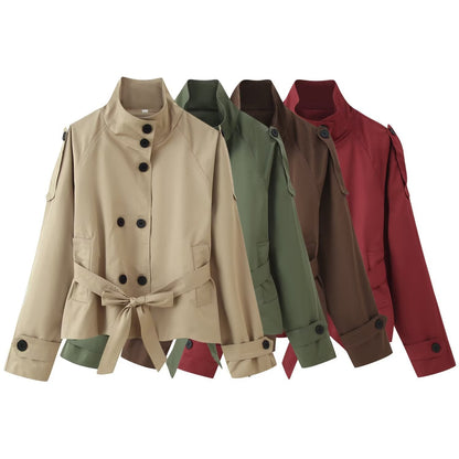Women's Collar Long Sleeve Double Breasted Knotted Pocket Casual Coats