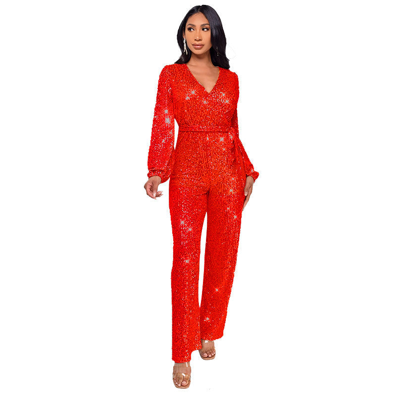 Women's Deep V Fashion Casual Long Sleeve Jumpsuits