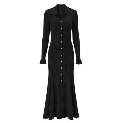 Bright Yellow Collar Long Sleeve Knitted Dresses