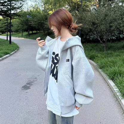 Women's Korean Style Zipper Outerwear Simple Lazy Hooded Sweaters
