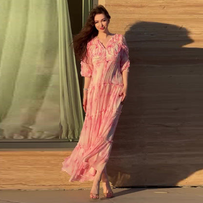 Women's French Gentle Stitching Pink Elegant Dress Dresses