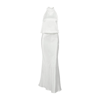 Acetate Satin White Sleeveless Halter Fishtail Suits