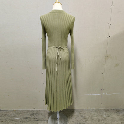 Women's Sleeve Round Neck Sunken Stripe Knitted Dresses