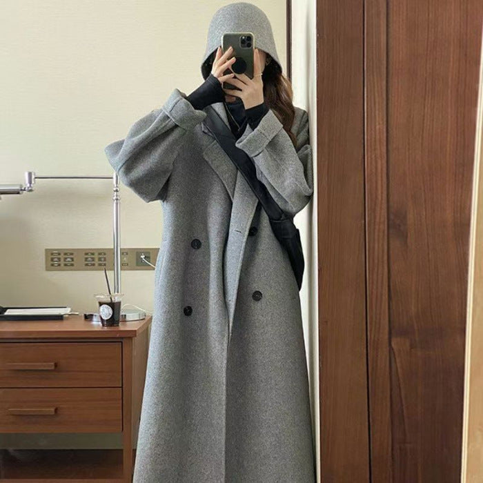Women's Gray Korean Loose Mid-length Woolen Design Coats