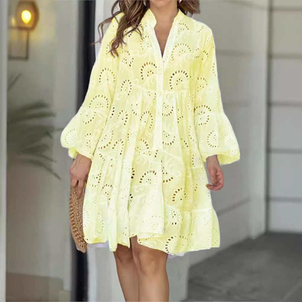 Color Loose Embroidered Cutout Lace Flower Dresses