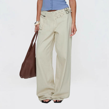 Women's Personality Street Adjustable Buckle Waist Side Pocket Detail Pants