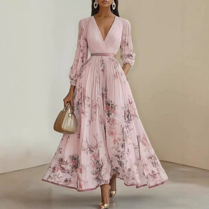 Women's Digital Printed Collar Long Sleeve Pleated Dresses