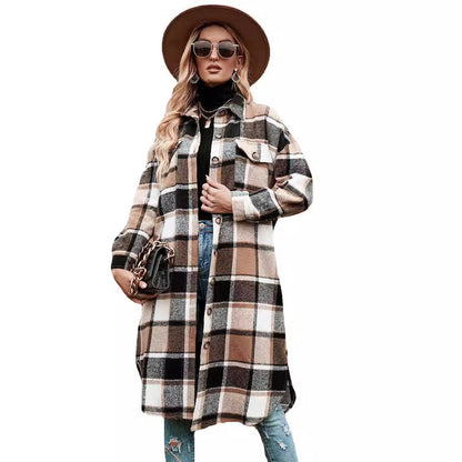 Women's Elegant Long Trench Lapel Pocket Plaid Coats